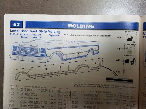 1978 Ford Bronco - Catalog page showing lower race-track style molding for 1977-79 F-series trucks with numbered part callouts and a price table.