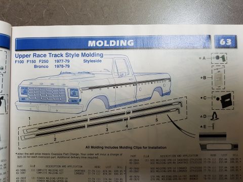 1978 Ford Bronco - Catalog page showing upper race-track style molding for 1977-79 F-series trucks with numbered part callouts and a price table.