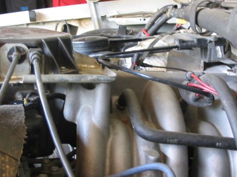 1995 Ford Bronco - Engine bay detail shot showing various hoses, wiring, and metal components.