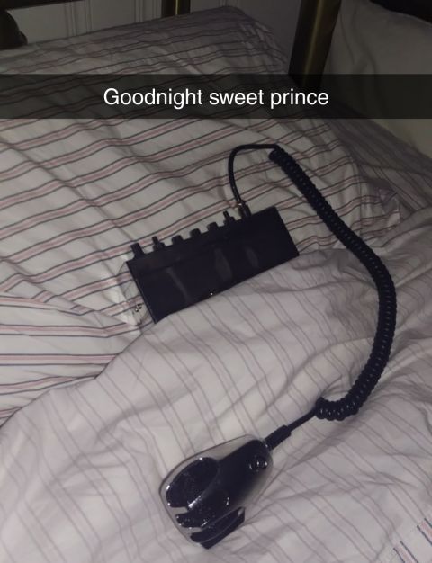 1988 Ford Bronco - A microphone and control box are placed on a bed, with a Snapchat-style caption reading 'Goodnight sweet prince'.