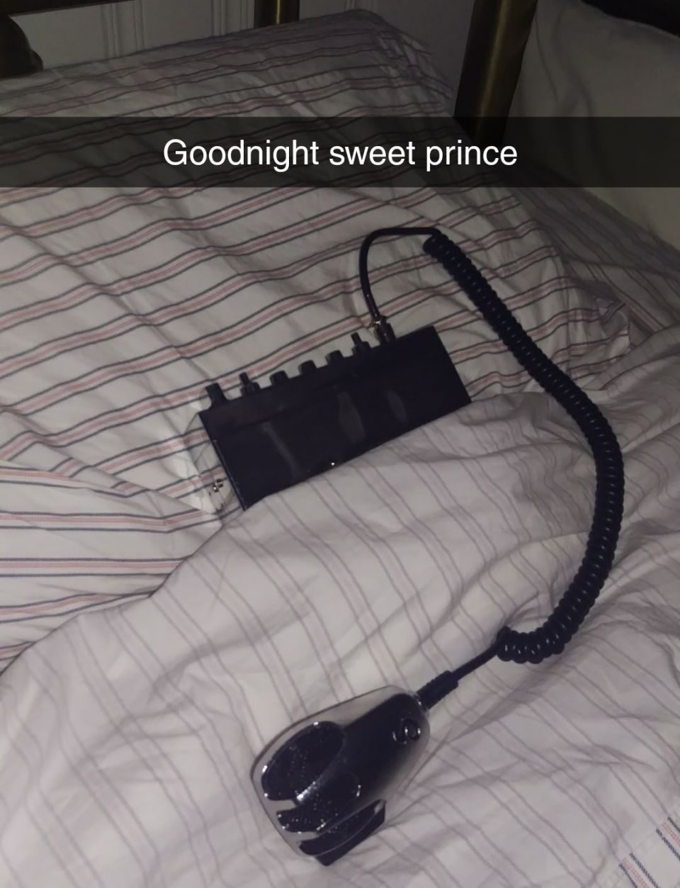 Microphone and control box on a bed with text 'Goodnight sweet prince'