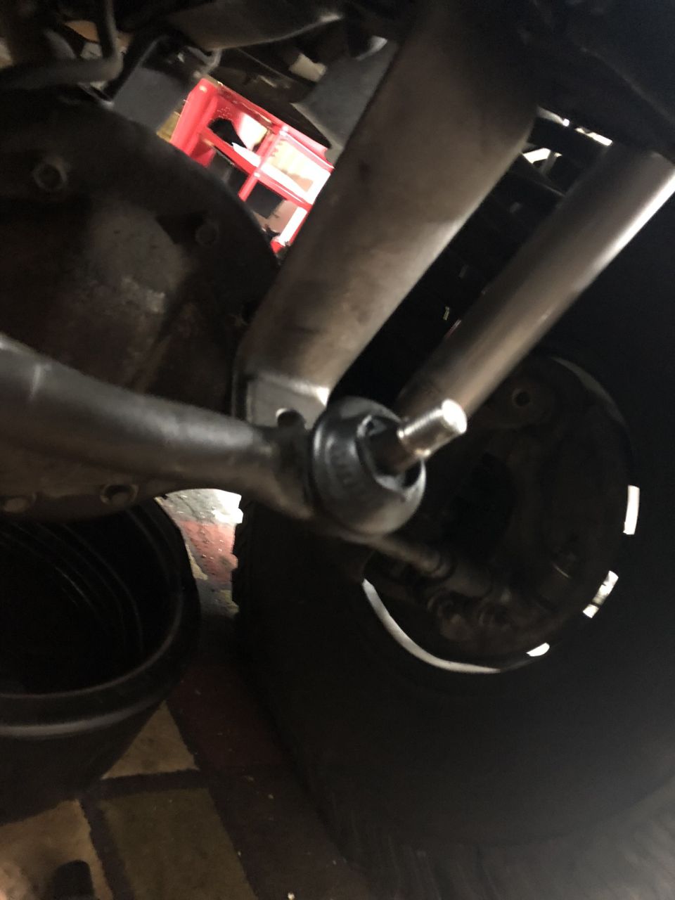 Steering linkage component with a ball joint, viewed from below