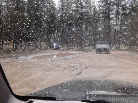 1995 Ford Bronco - Two trucks navigate a wet, muddy road through a wooded area.