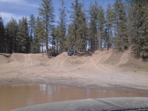1995 Ford Bronco - A blue pickup truck navigates a dirt track in a wooded area.