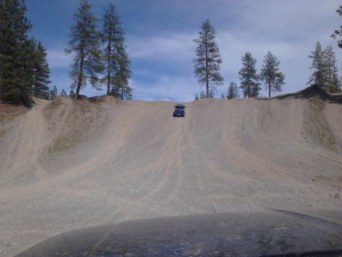 1995 Ford Bronco - A dark SUV ascends a sandy incline under a partly cloudy sky, with tall pine trees dotting the landscape.