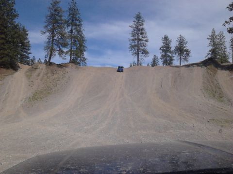 1995 Ford Bronco - A dark SUV navigates a steep dirt incline under a partly cloudy sky, surrounded by tall pine trees.
