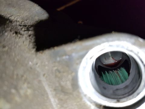1978 Ford Bronco - Checking transmission fluid level, the dark red fluid indicates it is likely automatic transmission fluid.