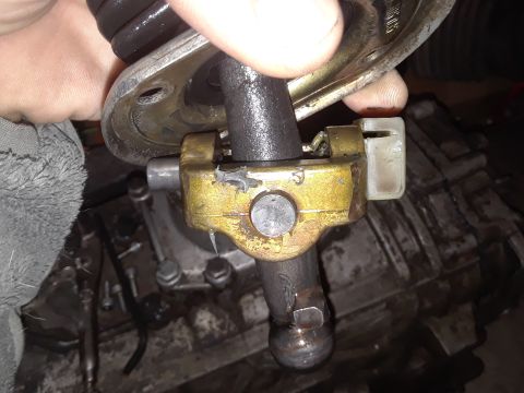 1996 Ford F-350 - Close-up of a manual transmission shifter linkage, likely part of a ZF5 swap.