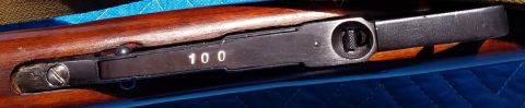 2000 Ford Crown Victoria - Close-up of a rifle receiver showing the serial number 100 stamped on the metal part.
