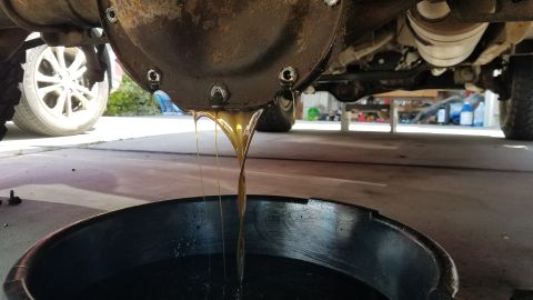 1985 Ford Bronco - Differential fluid is being drained from a vehicle into a catch pan.