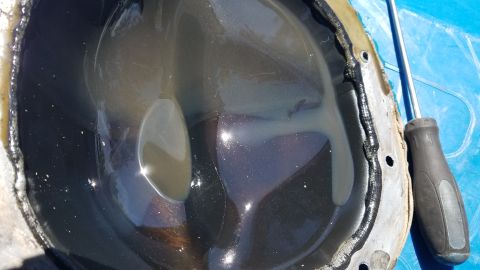 1985 Ford Bronco - Close-up view of a differential cover filled with dark fluid, with a screwdriver visible on the right side.