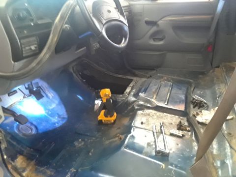 1996 Ford F-350 - Interior view of a 1996 Ford F-350 with the floor removed for a ZF5 swap.