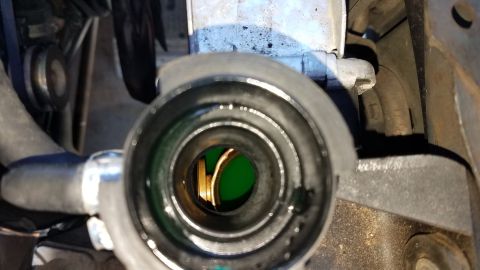 1985 Ford Bronco - Close-up of a vehicle's radiator cap opening with green coolant visible.