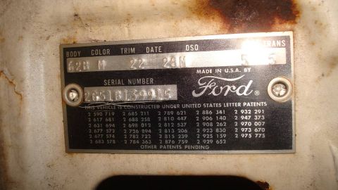 1962 Ford Galaxie - This 1962 Ford VIN plate shows the body code, trim, date, and serial number.