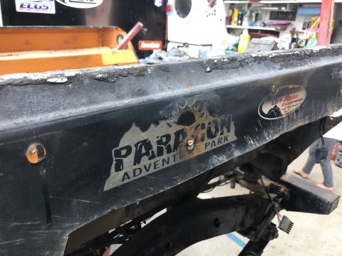 1992 Jeep Wrangler - Close-up of a Jeep frame showing off-road stickers, including one for Paragon Adventure Park.