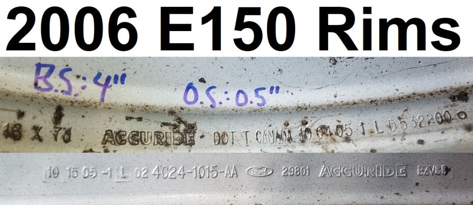 2006 E150 rims with handwritten B.S. 4" and O.S. 0.5", stamped markings including ACCURIDE, DOT T CANADA, and part numbers