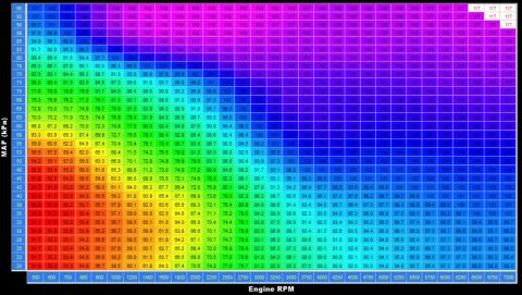 1985 Ford Bronco - This is a color-coded engine tuning map showing Engine RPM against MAP (kPa).