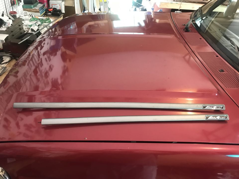 Two brushed aluminum trim pieces with "Eddie Bauer" text on a red vehicle hood.