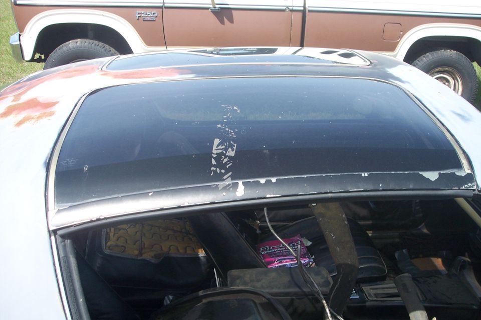 Close-up of a car's roof and rear window with a brown pickup truck behind it.