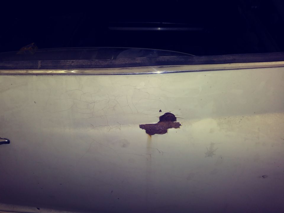 Close-up of rust and cracked paint on a light-colored car panel.