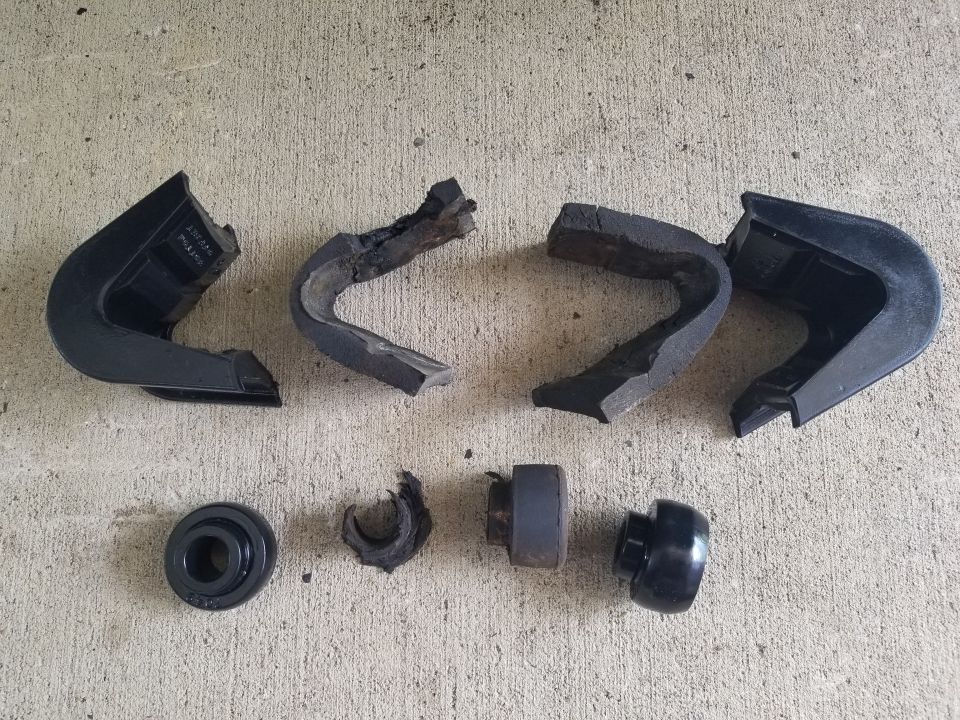 The Left side bushings were at least as bad as the right.  Additionally, I had to chase the damaged threads in that radius arm, & its 4 cap bolts. I had to put some weight is back on the springs (so the RAs are pointing straight through the frame bracket holes) before I could install the rear RA bushing/washer/nut/cotter pin.