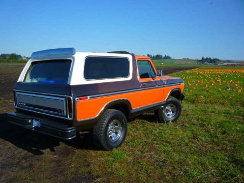 1978 Ford Bronco - This 1978 Ford Bronco, a distinctive orange and brown two-tone paint scheme, is captured in a three-quarter front view, set against a backd…