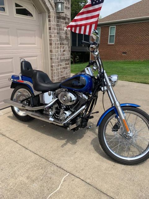 2008 Harley-Davidson Softail - Blue 2008 Harley-Davidson Softail motorcycle parked in front of a garage, flying an American flag.