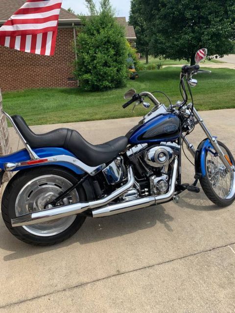 2008 Harley-Davidson Softail - A blue Harley-Davidson motorcycle is parked on a concrete driveway in front of a brick house.
