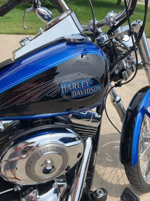 2008 Harley-Davidson Softail - Close-up of a blue and black Harley-Davidson motorcycle, showing the fuel tank and part of the front wheel.