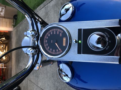 2008 Harley-Davidson Softail - Close-up of a blue motorcycle's dashboard, showing the speedometer and ignition controls.