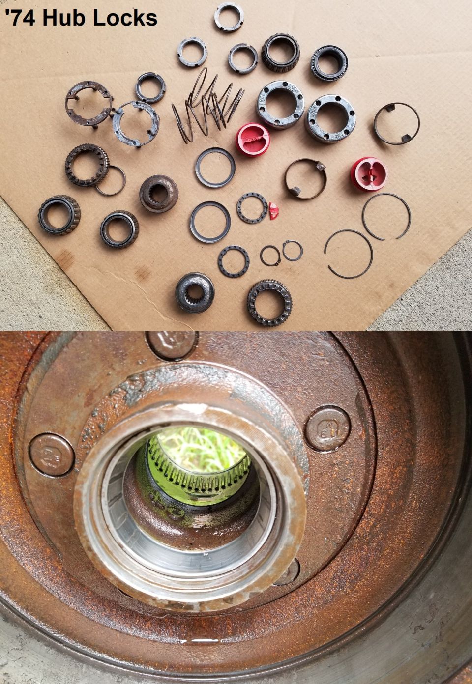 After soaking for a day & then scrubbing the hub internals, it's apparent that they were driven through deep water, and then abandoned wet for a long time.  The bearings & their races are also rusty.  The hub lock parts might be salvageable with sandblasting, but they're not very easy to use or robust anyway.

IF THE IMAGE IS TOO SMALL, click it.

Front Lug Studs: Raybestos [url=https://www.amazon.com/dp/B000C6WJGU]6012B[/url] (shoulder protrudes from drum ~1/16")
Front Wheel Seals: National [url=https://www.amazon.com/dp/B0012UCIW0]4250[/url]
Front Outer Wheel Bearings: National [url=https://www.amazon.com/dp/B000UJ0BVE]A35[/url]
Front Inner Wheel Bearings: National [url=https://www.amazon.com/dp/B000BZLMQU]A37[/url]
Front Spindle Bearing Kit: Dana [url=https://www.amazon.com/dp/B018OGG4Y2]706527X[/url]
Hub Lock (19-spline pair): USA Standard USA29096, MileMarker [url=https://www.amazon.com/dp/B000RZAPSK]302 black plastic knob[/url], MileMarker [url=https://www.amazon.com/dp/B000RZCJ4I]104 stainless steel[/url], Warn [url=https://www.amazon.com/dp/B000182DYC]20990 Premium[/url], Warn [url=https://www.amazon.com/dp/B000182F36]9790 Standard[/url]
Wheel Bearing Adjusting Nut Set: Dana-Spicer [url=https://www.amazon.com/dp/B009X1X5RM]28068X[/url], MileMarker [url=https://www.amazon.com/dp/B000VSRCVQ]32720[/url], Warn [url=https://www.amazon.com/dp/B000182DZQ]32720[/url]
Front Left Cylinder: Wagner [url=https://www.amazon.com/dp/B001O118PU]WC35325[/url]
Front Right Cylinder: Wagner [url=https://www.amazon.com/dp/B000CQVV6E]WC35326[/url]
Front Drums: Bendix [url=https://www.amazon.com/dp/B075JDYGYP]PDR0013[/url]
Front Brake Spring Kit: Wagner [url=https://www.amazon.com/dp/B000CLQO70]H7137[/url]
Front Brake Shoes: Wagner [url=https://www.amazon.com/dp/B00T3MM1XU]Z282R[/url], Bosch [url=https://www.amazon.com/dp/B00MY5H81I]BS282R[/url]

1/2-ton Lug Nut: (Made in USA)
(4 chrome,13/16" drive) [url=http://www.amazon.com/dp/B000COS0F6/]McGard 64000[/url]
(4 black,13/16" drive) [url=http://www.amazon.com/dp/B003BS6M1Y/]McGard 64030[/url]
(100 chrome,13/16" drive) [url=http://www.amazon.com/dp/B000CONUCE/]McGard 69400[/url]
(100 chrome bulge, 3/4" drive) [url=http://www.amazon.com/dp/B000COMXC2/]McGard 69410[/url]
(4 chrome bulge, 3/4" drive) [url=http://www.amazon.com/dp/B000COMX9K/]McGard 64010[/url]
(4 black  bulge, 3/4" drive) [url=http://www.amazon.com/dp/B0028071IE/]McGard 64029[/url]
(8 chrome extra-long, 7/8" drive) [url=http://www.amazon.com/dp/B000COS0HY/]McGard 64805[/url]