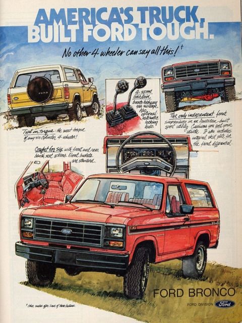 1990 Ford Bronco - This advertisement highlights the Ford Bronco's features, including its drivetrain and interior comfort.