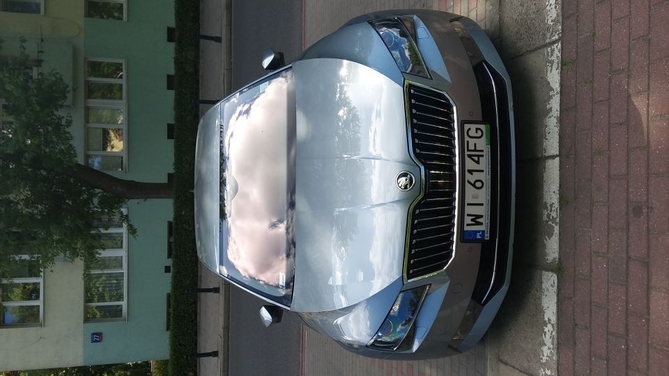 Silver Skoda Octavia parked on a street, front view. License plate WI 614FG