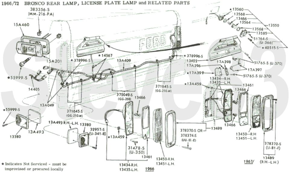 '66-72 Bronco rear lamp and license plate lamp exploded parts diagram with part numbers