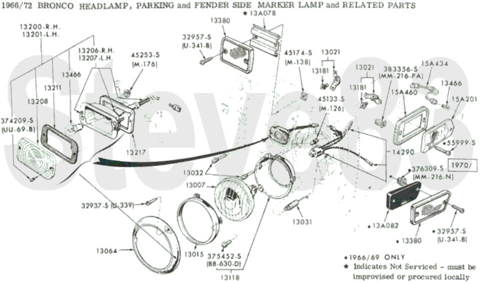 '66-72 Bronco headlamp, parking and fender side marker lamp exploded diagram with part numbers
