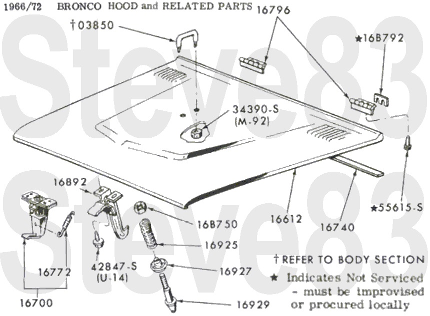 '66-72 Bronco hood and related parts exploded diagram with Ford part numbers
