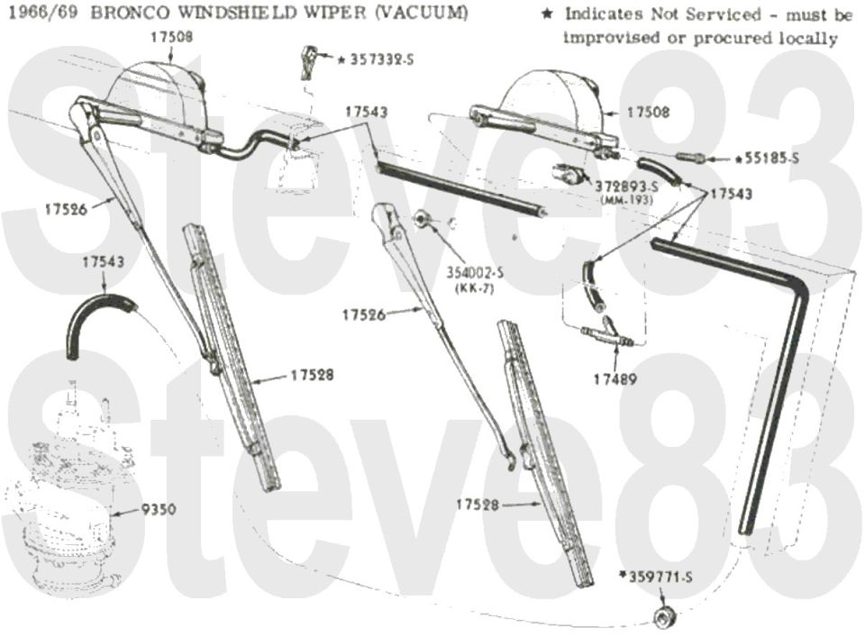 '66-69 Bronco vacuum windshield wiper exploded diagram with motors, arms, blades and hoses