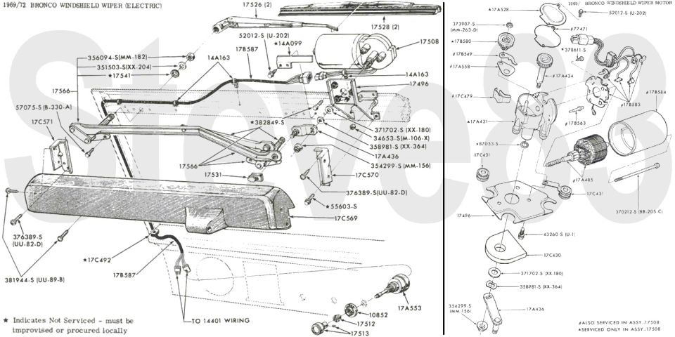 '69-72 Bronco electric windshield wiper exploded diagram with linkage, motor and internals