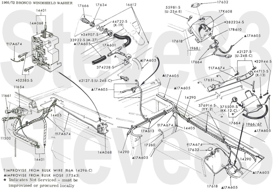 '66-72 Bronco windshield washer exploded diagram with pump, reservoir, hoses and switch