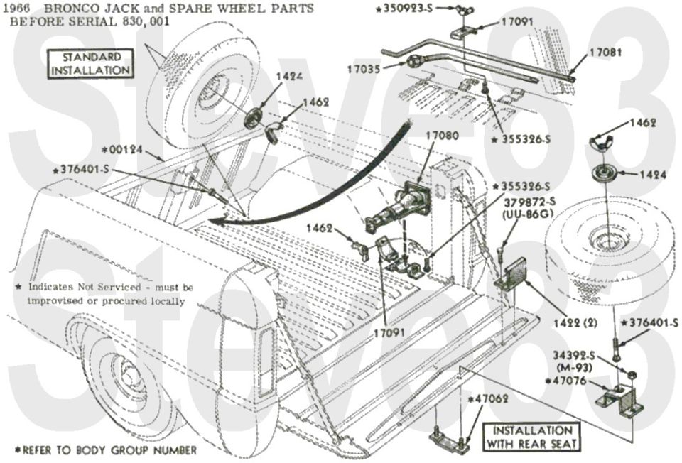 '66 Bronco jack and spare wheel parts before serial 830,001, standard installation with part numbers