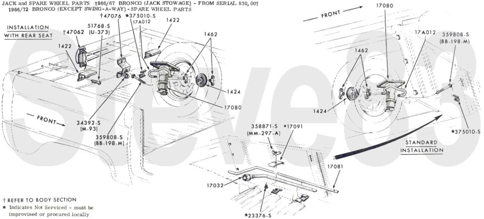 '66-72 Bronco jack stowage and spare wheel parts, standard and rear seat installations with part numbers