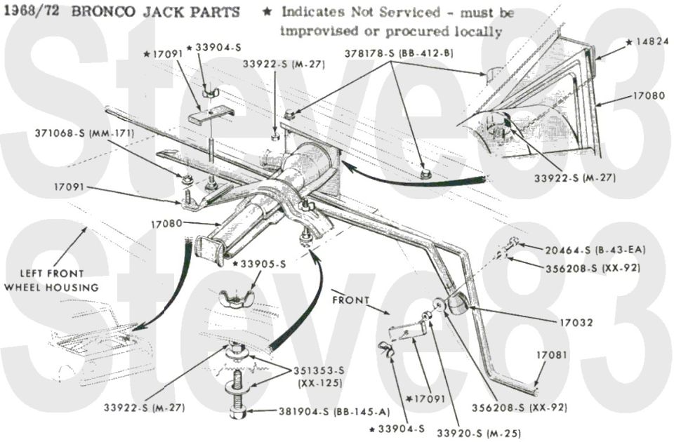 '68-72 Bronco jack parts exploded view with mounting at left front wheel housing and part numbers