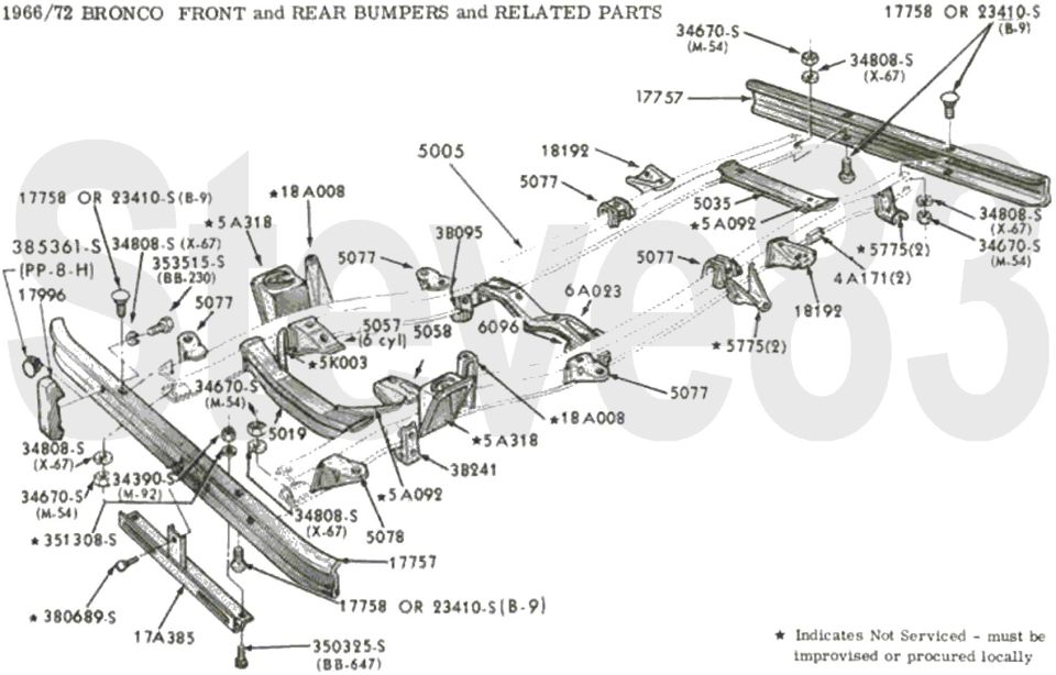 '66-72 Bronco front and rear bumpers exploded parts breakdown with brackets and part numbers