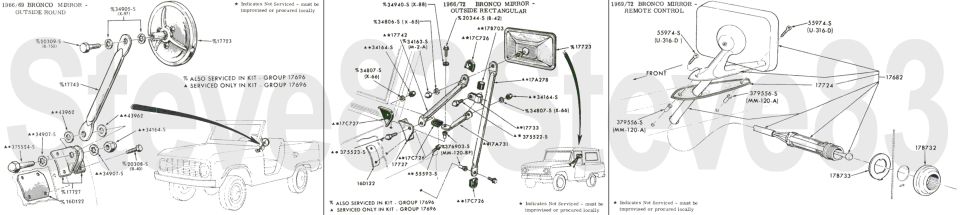 Bronco outside rearview mirror parts in three panels including remote control mirror with part numbers