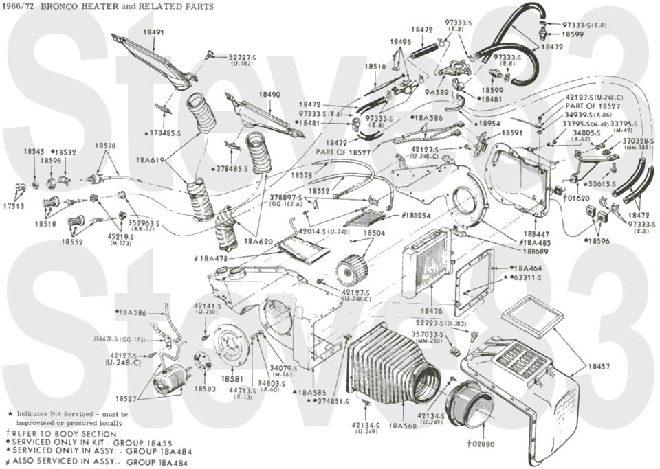 '66-72 Bronco heater exploded parts breakdown with blower, core, ducts and part numbers