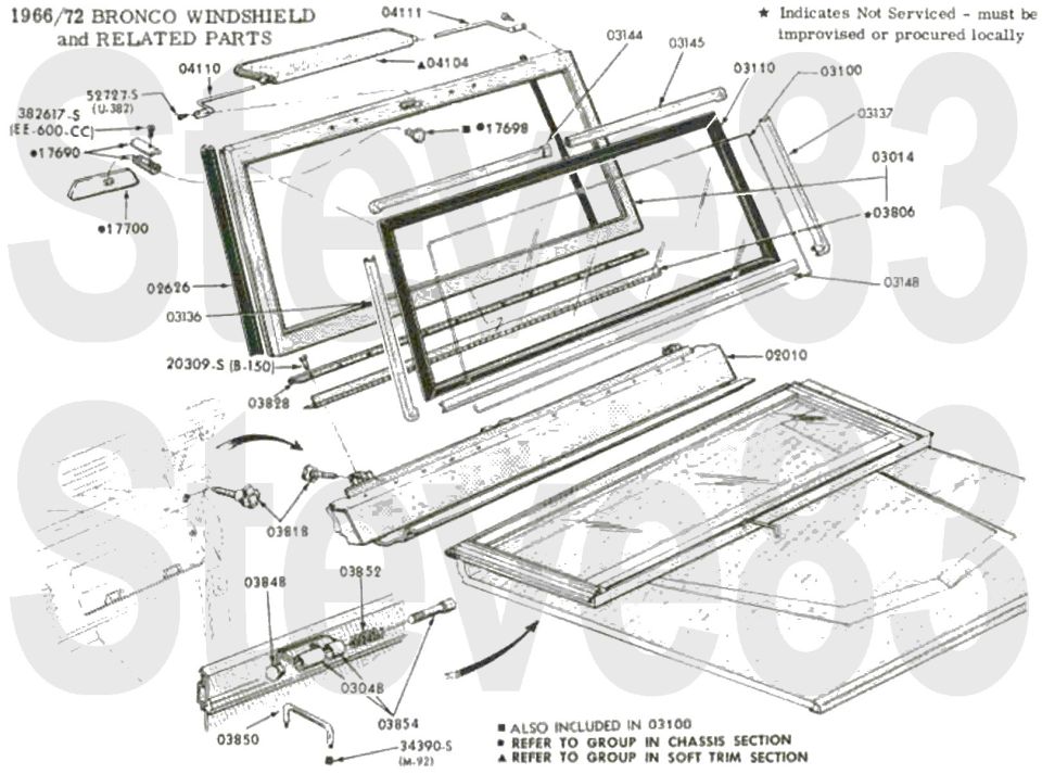 '66-72 Bronco windshield exploded parts breakdown with frame, glass, seals and part numbers