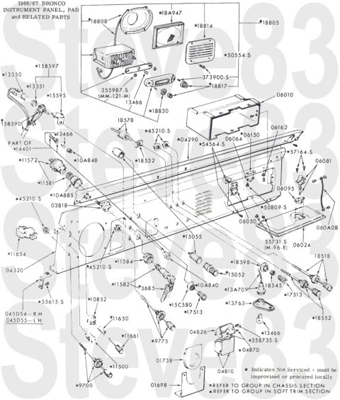 1976 Ford Bronco - '66-67 Dash IF THE IMAGE IS TOO SMALL, click it. IN-PROGRESS... 1 - Dashboard 2 - Bolt, Dashboard to Door Jamb 3 - Column Shroud, Upper 4 -…