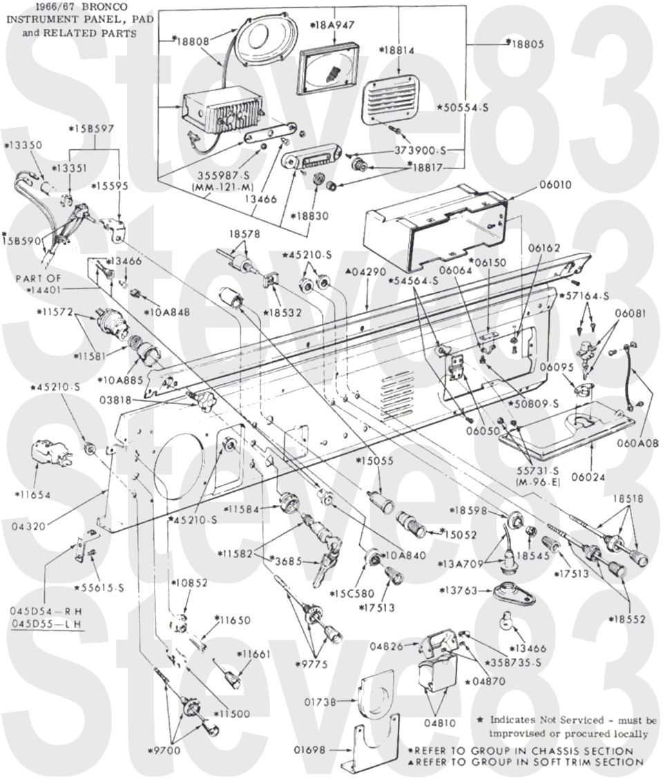 '66-67 Bronco instrument panel, pad and related parts exploded breakdown with part numbers