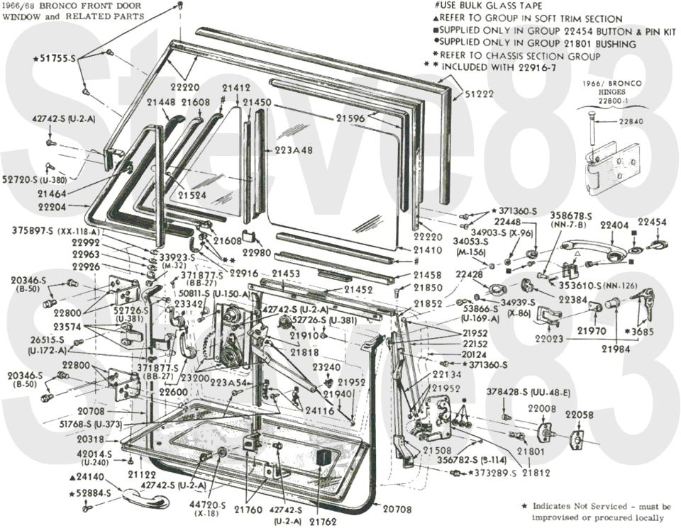 '66-68 Bronco front door window and related parts exploded breakdown with part numbers