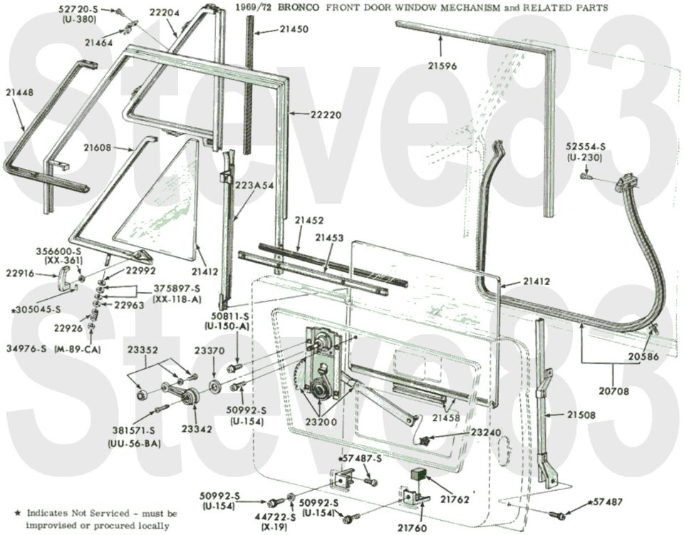 '69-72 Bronco front door window mechanism exploded parts breakdown with part numbers